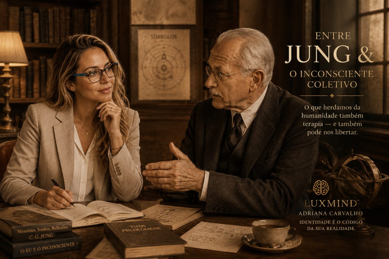 Adriana Carvalho em conversa de estudo com a figura histórica de Carl Gustav Jung em uma biblioteca clássica