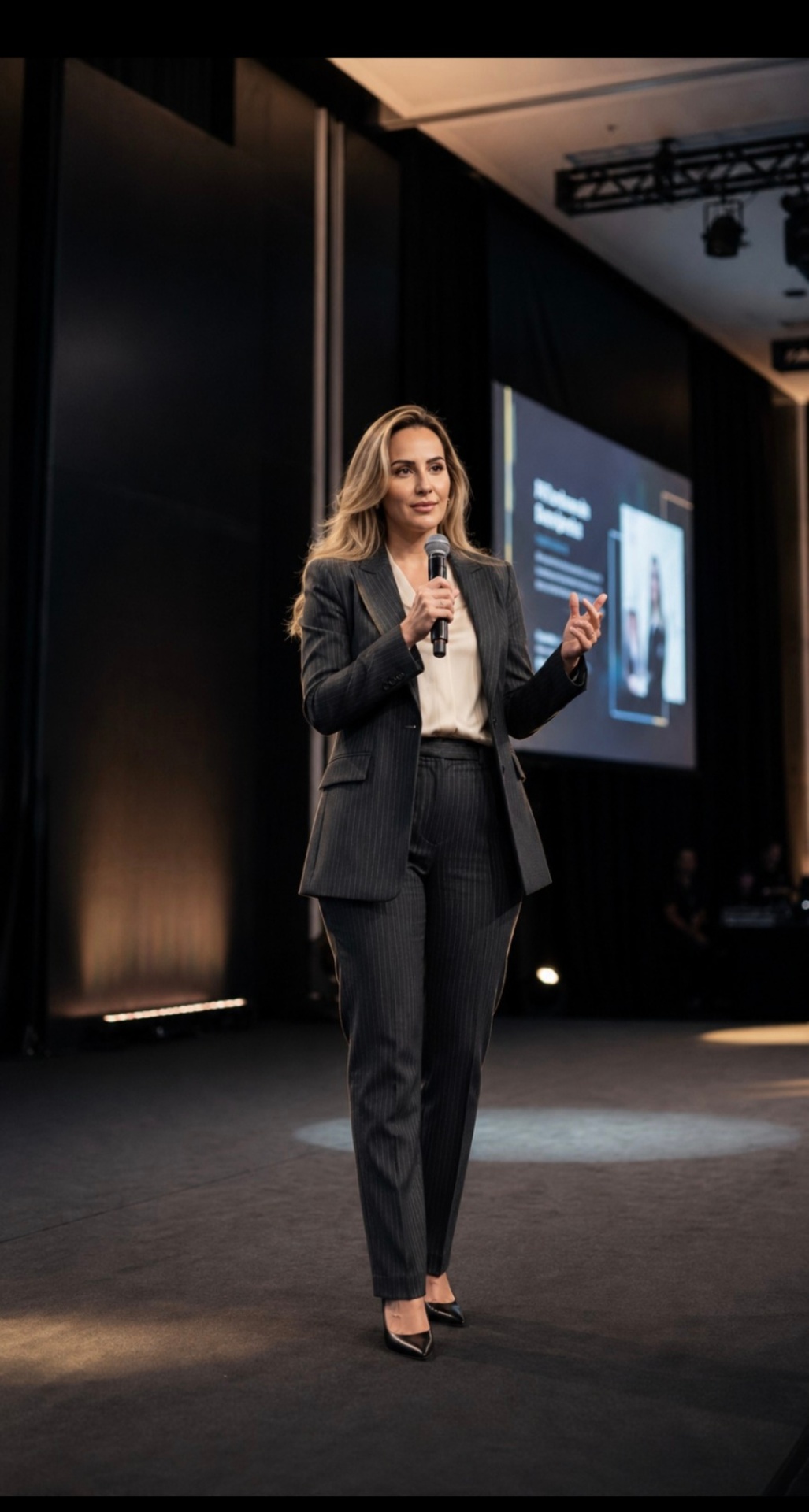 Adriana Carvalho em palco conduzindo apresentação sobre reprogramação mental e prosperidade consciente
