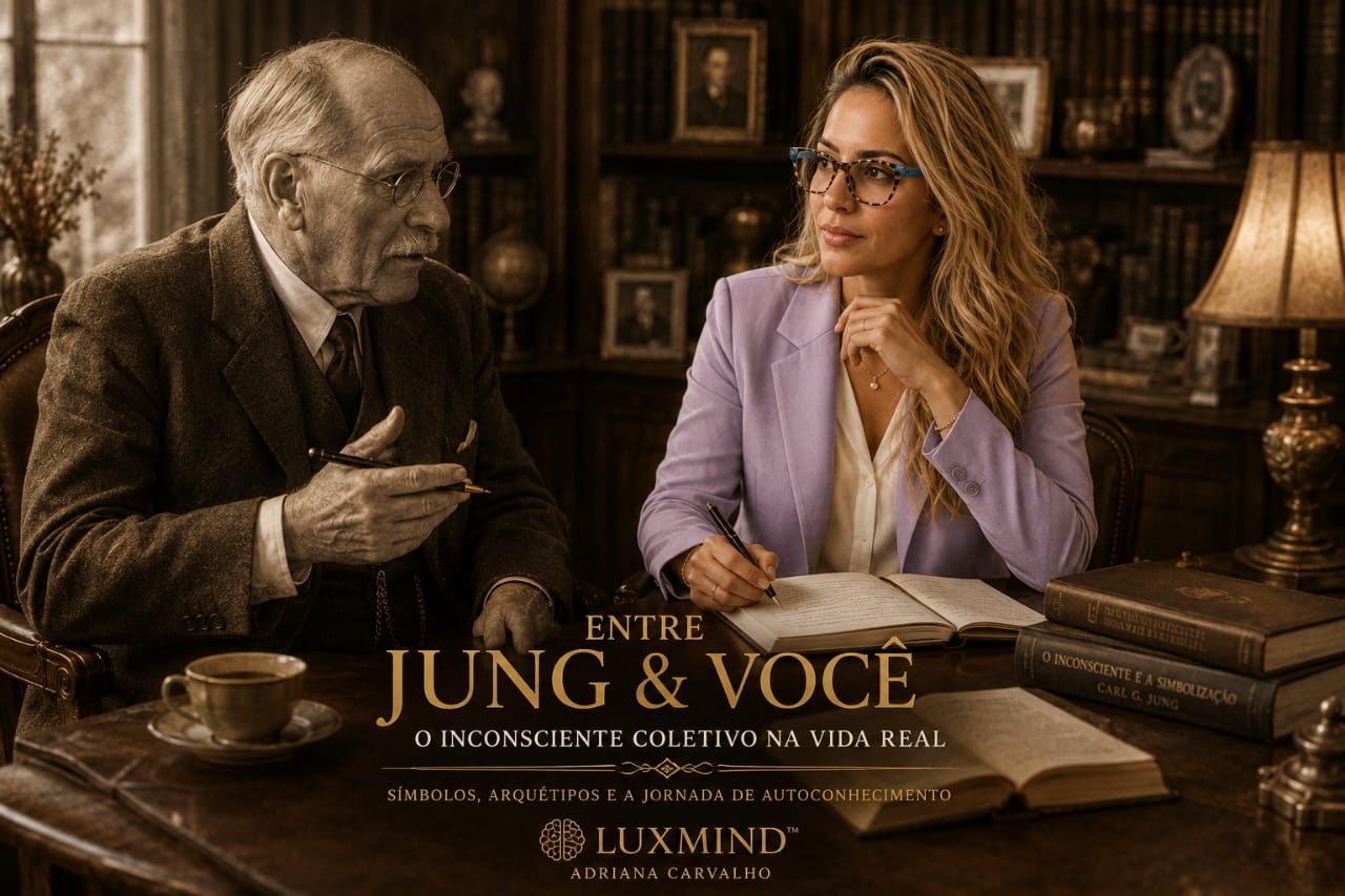 Entre Jung & Você — Adriana Carvalho em estudo ao lado da figura histórica de Carl Gustav Jung
