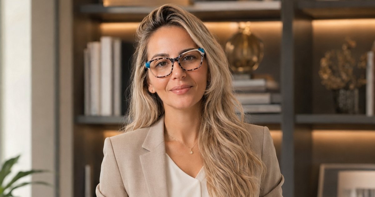 Adriana Carvalho, psicanalista clínica, em seu escritório premium com estante iluminada ao fundo.