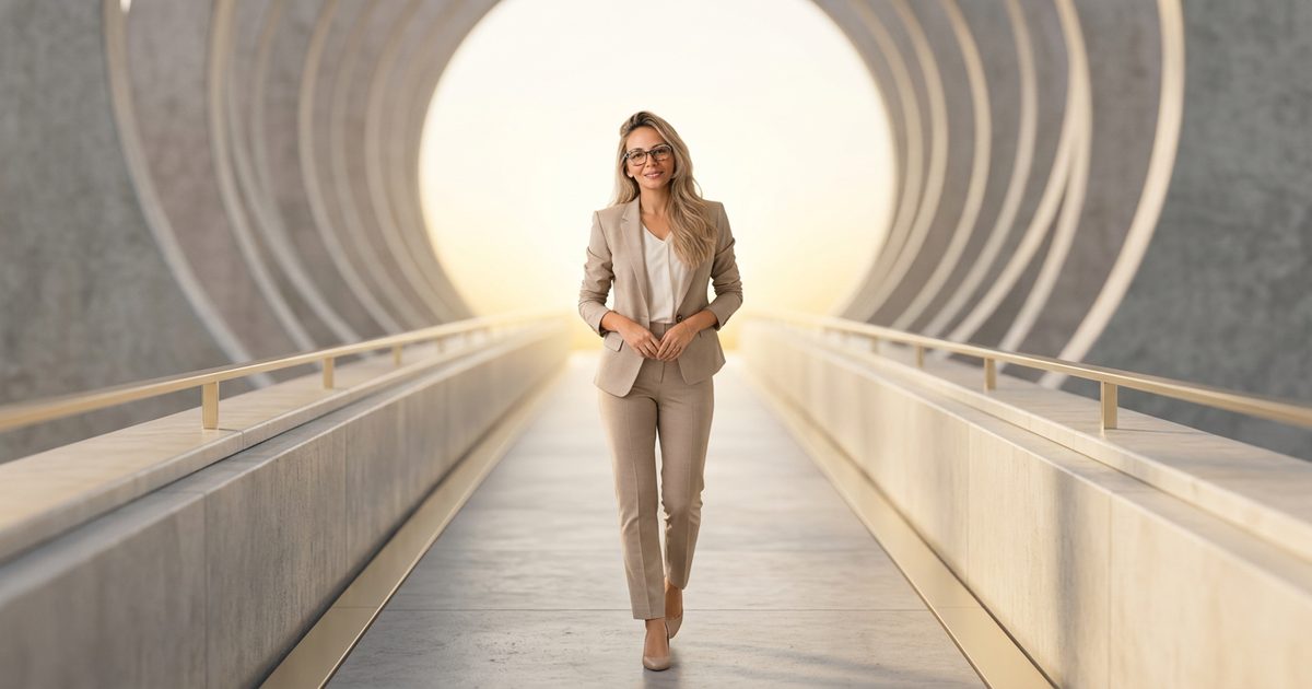 Adriana Carvalho atravessando uma ponte editorial em tons champagne: atrás, um caminho circular; à frente, horizonte dourado.