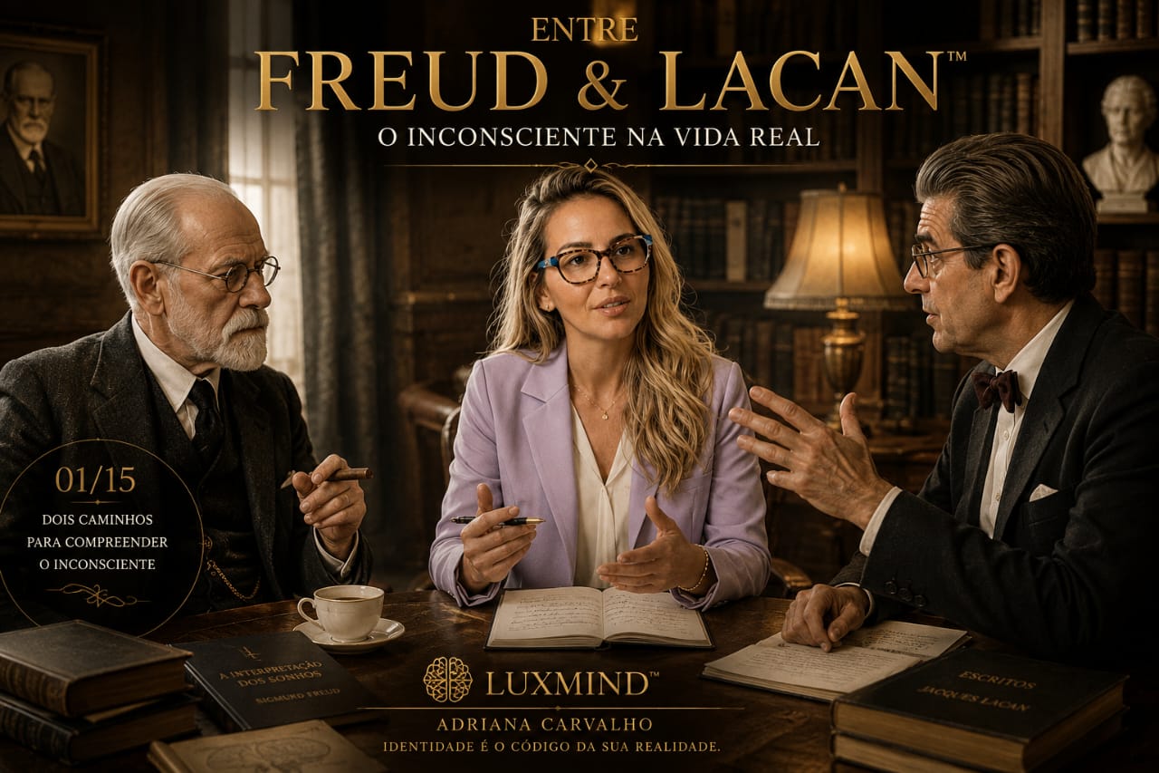 Adriana Carvalho em estudo ao lado das figuras históricas de Sigmund Freud e Jacques Lacan em uma biblioteca clássica